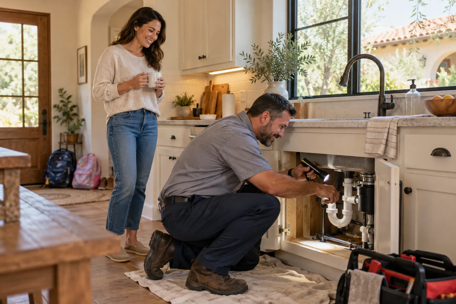 A friendly local plumbing provider kneeling beside a kitchen sink in a Glendale home while a parent looks on