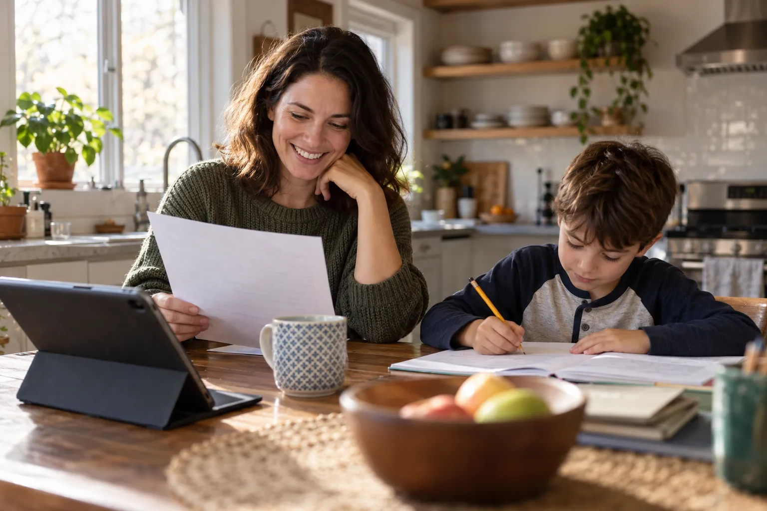 A homeowner reviewing a written plumbing quote at the kitchen table